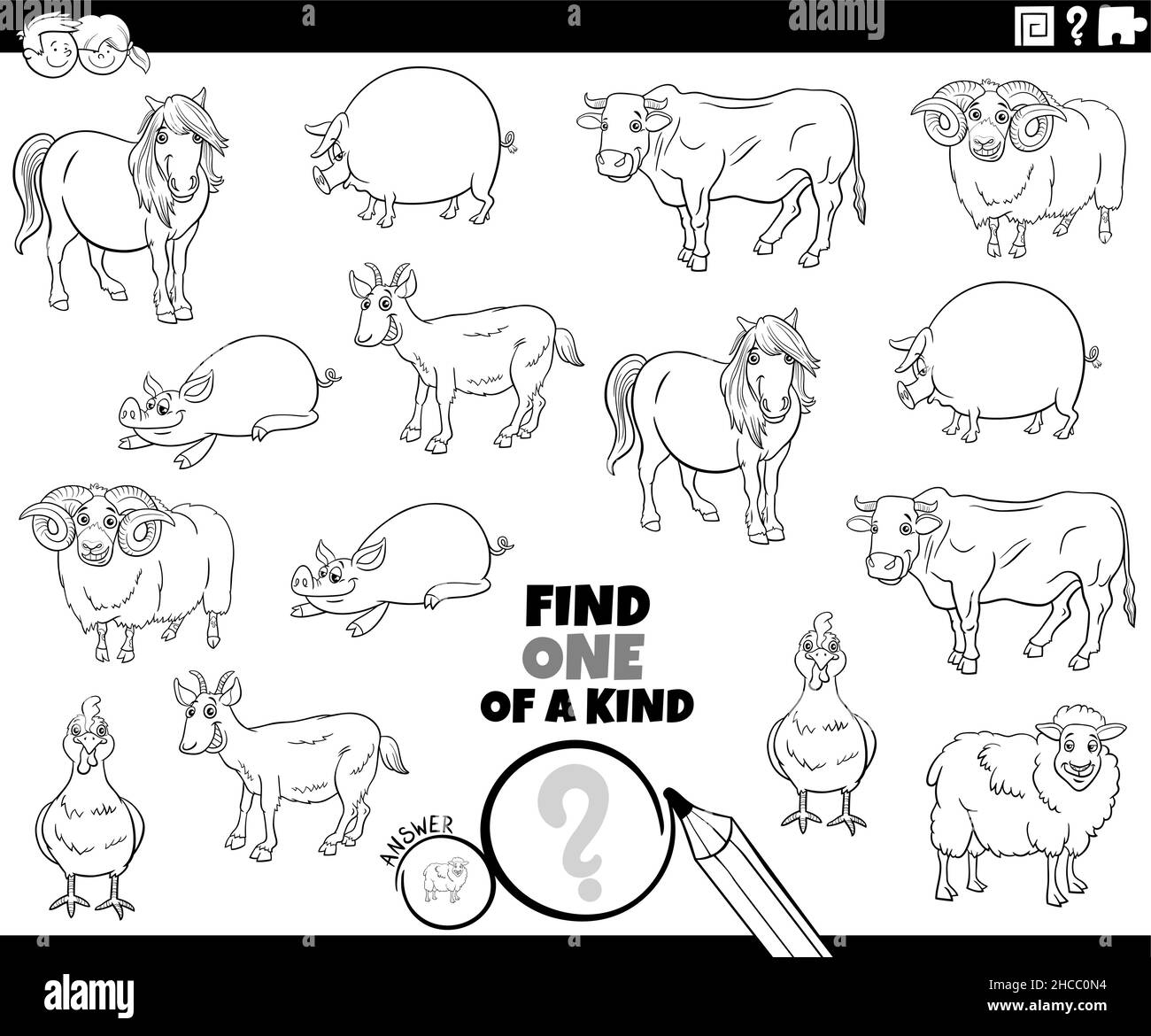 Illustration de dessin animé noir et blanc de Find One of a genre image tâche éducative avec drôle de caractères d'animal de ferme de coloration page de livre Illustration de Vecteur