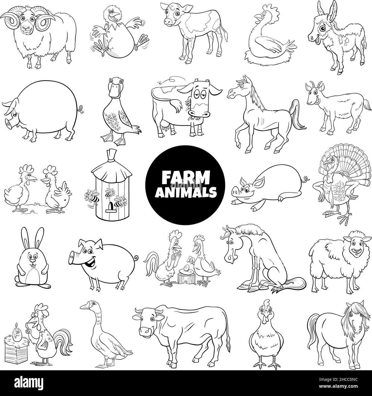 Dessin animé noir et blanc illustration des caractères d'animaux de ferme grand ensemble de coloriage page de livre Illustration de Vecteur