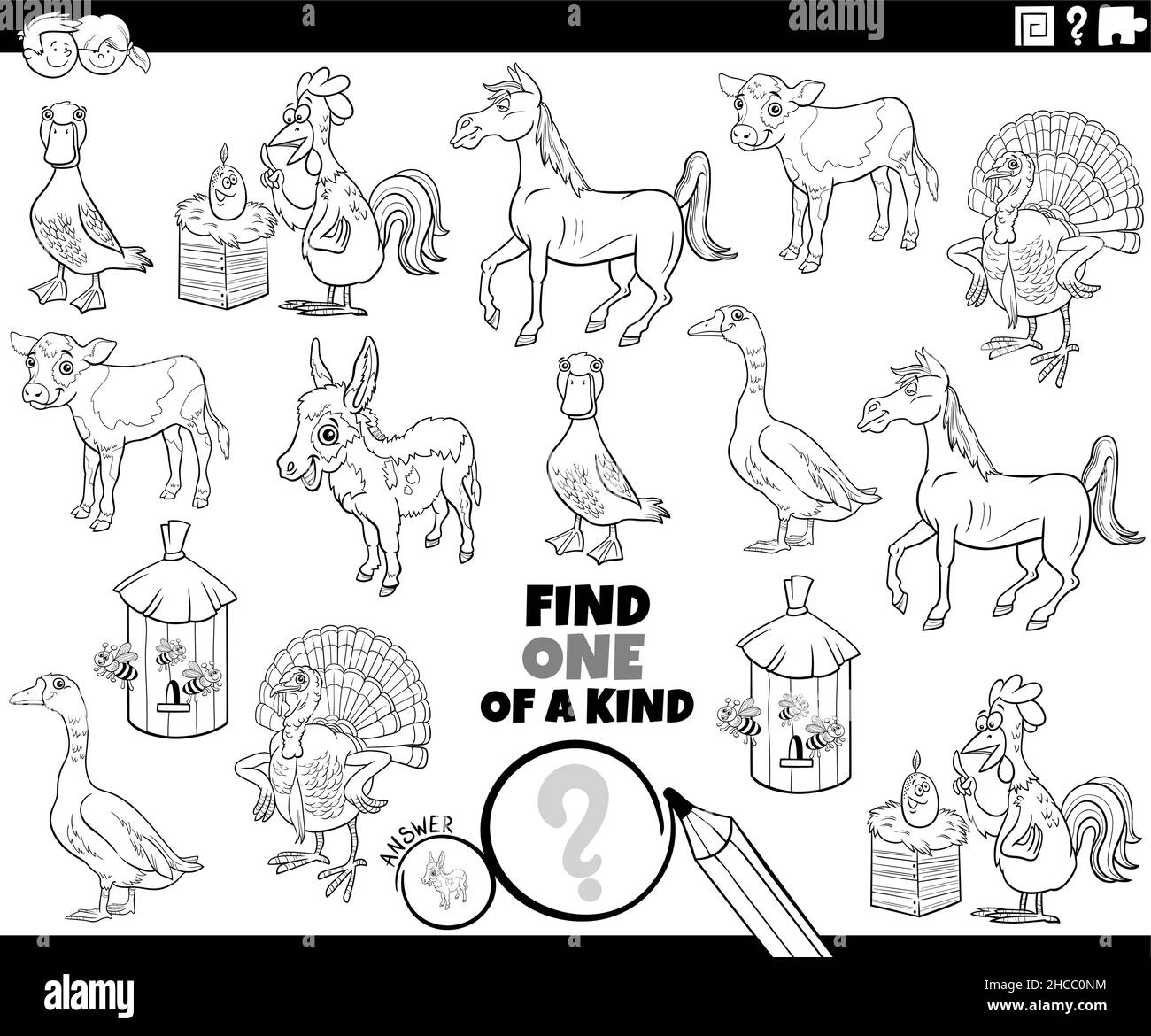 Illustration de dessin animé noir et blanc de Find One of a genre image jeu éducatif avec drôle de caractères animaux de ferme de coloration page de livre Illustration de Vecteur