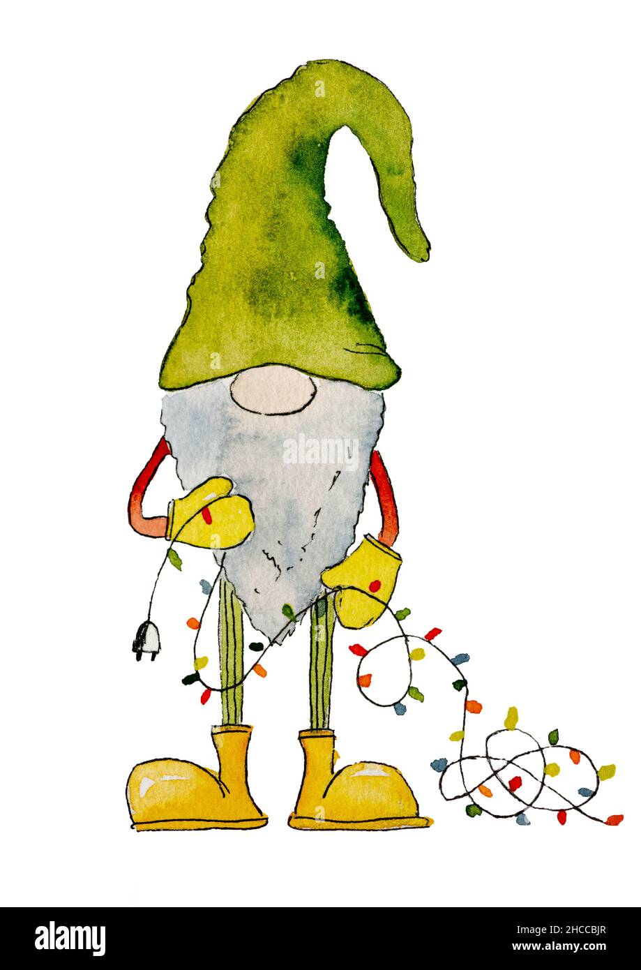 Carte de Noël avec nain artistique, aide du Père Noël, avec lumières du nouvel an peintes à l'aquarelle.Noël art festif dessiné avec aquarelle Banque D'Images
