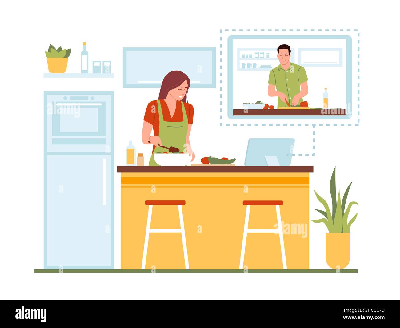 Vidéo recette cuisine.Femme au foyer regardant un film culinaire sur ordinateur portable dans un processus savoureux de préparation de repas, femme dans la cuisine à domicile, séminaire en ligne éducatif Illustration de Vecteur