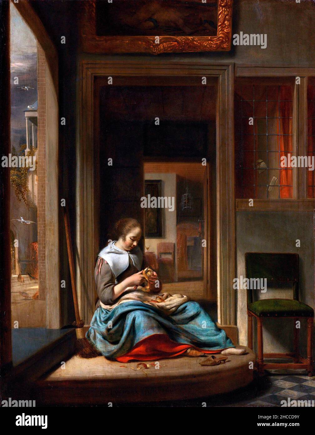 Femme épluchant une pomme par Cornelis Bisschop (1630-1674), huile sur toile, 1667 Banque D'Images