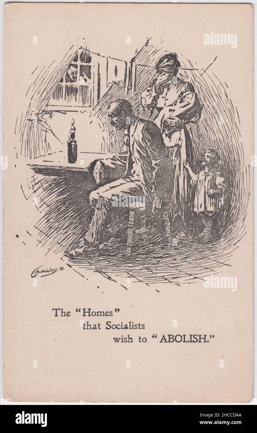 'Les 'Maisons' que les socialistes souhaitent 'ABOLIR', 1908: Illustration montrant une famille appauvrie dans les bidonvilles.Il y a des fissures dans les murs et des vêtements déchiquetés sont suspendus d'une ligne de lavage à l'intérieur.La lumière provient d'une bougie dans une bouteille.Un homme est assis à une table.Une femme est debout avec une main sur sa tête, tenant un bébé, un autre enfant tire sur sa jupe Banque D'Images