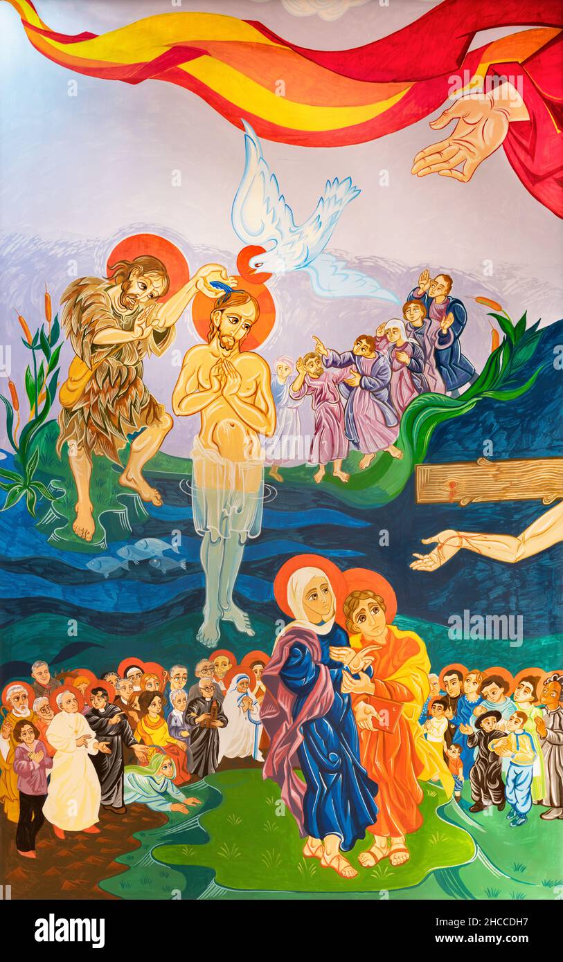 Forlí - la fresque moderne du Baptême de Jésus et de Sainte Marie et Jean sous la croix dans l'église Chiesa di San Giuseppe Artignano. Banque D'Images