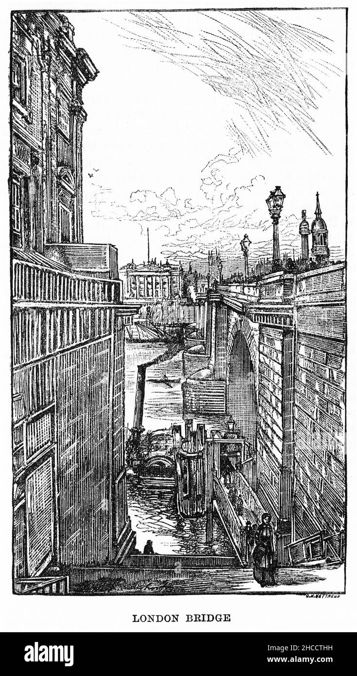 Gravure de la ville qui se trouve autour du London Bridge, une scène d'un livre de l'époque victorienne de Charles Dickens, publié vers 1908 Banque D'Images