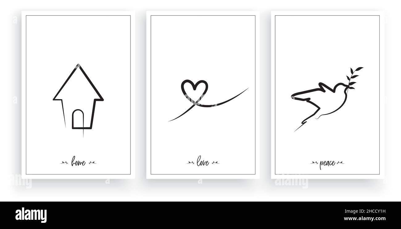 Maison amour paix.Affiche minimaliste en trois pièces, vecteur.Silhouettes maison, coeur et oiseau isolées sur fond blanc, stencil art design. Illustration de Vecteur