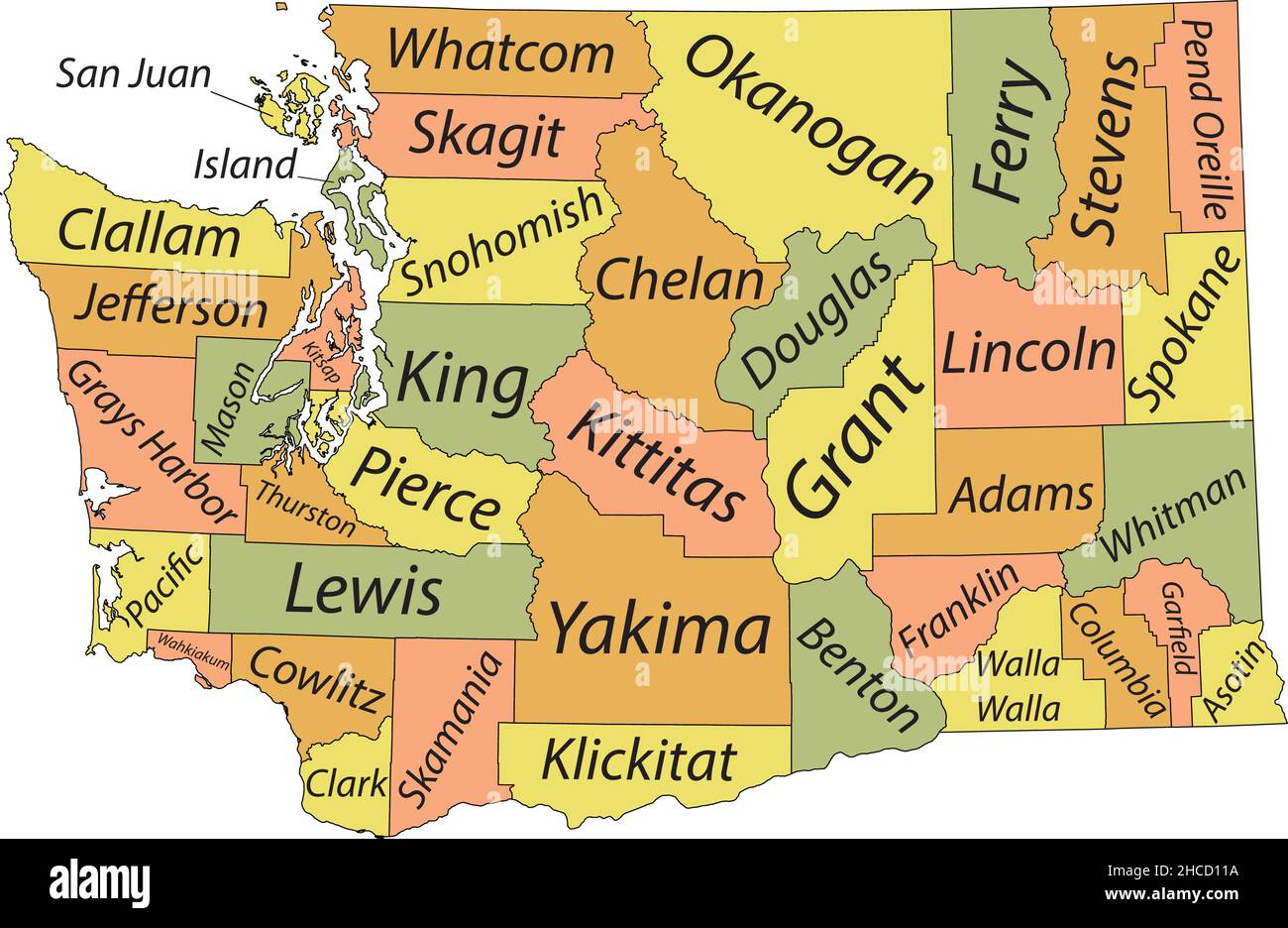 Carte administrative à vecteur pastel de l'État fédéral de Washington, États-Unis avec des frontières noires et des étiquettes de nom de ses comtés Illustration de Vecteur