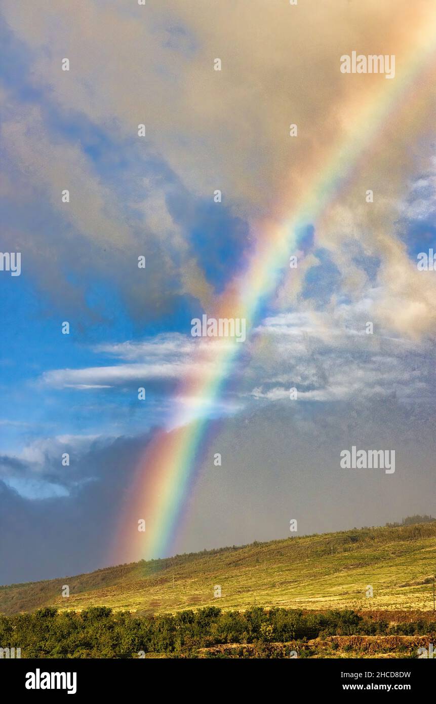 Scène verticale d'un arc-en-ciel brillant qui traverse le ciel bleu et les nuages au-dessus des montagnes à l'ouest de maui. Banque D'Images