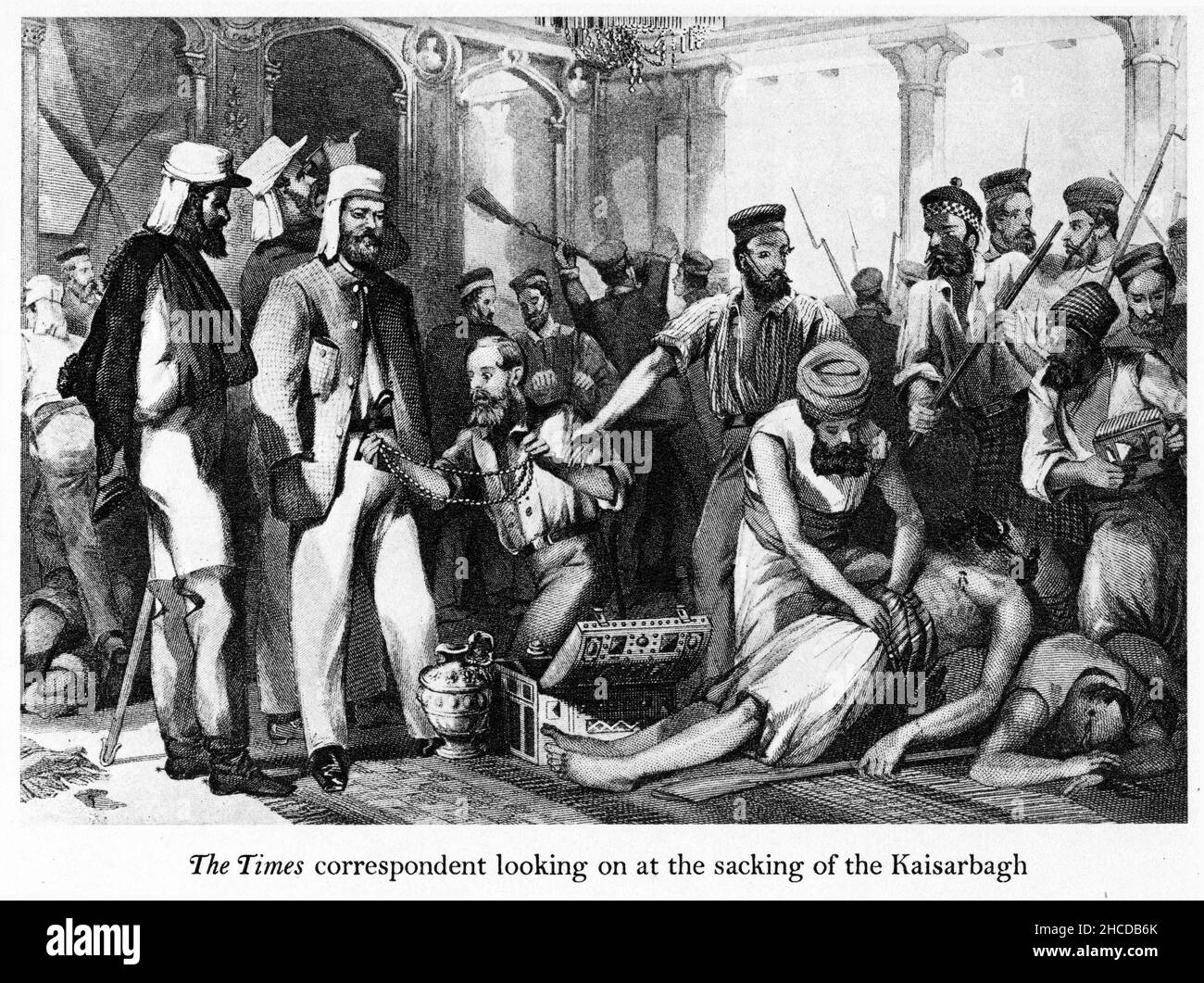 Gravure du correspondant du temps témoin du sacking du Kaisarbagh pendant le siège de Lucknow pendant la rébellion indienne de 1857. Banque D'Images