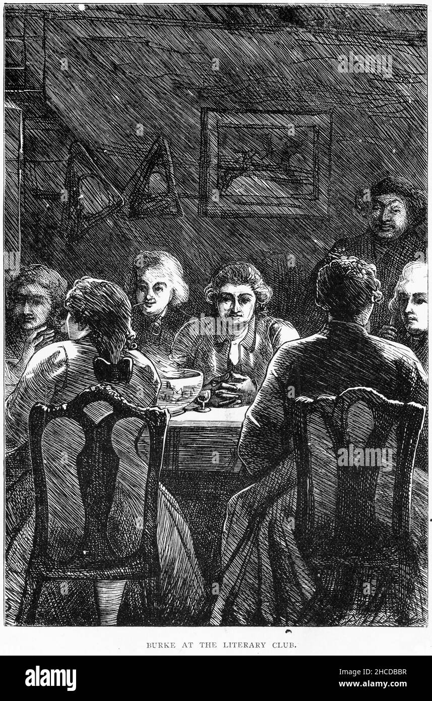 Gravure d'Edmund Burke au club littéraire avec d'autres auteurs et philosophes, publiée vers 1908 Banque D'Images