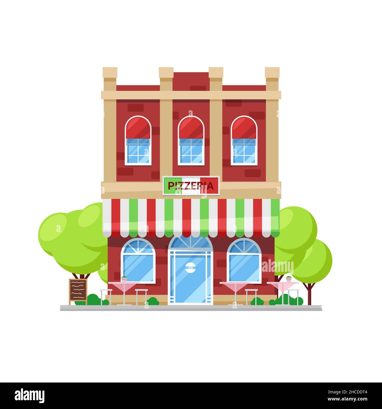 Icône du bâtiment de la pizzeria italienne.Restaurant de rue de la ville, petite entreprise locale ou café familial bâtiment de deux étages avec vecteur de dessin animé avec drapeau italien Illustration de Vecteur