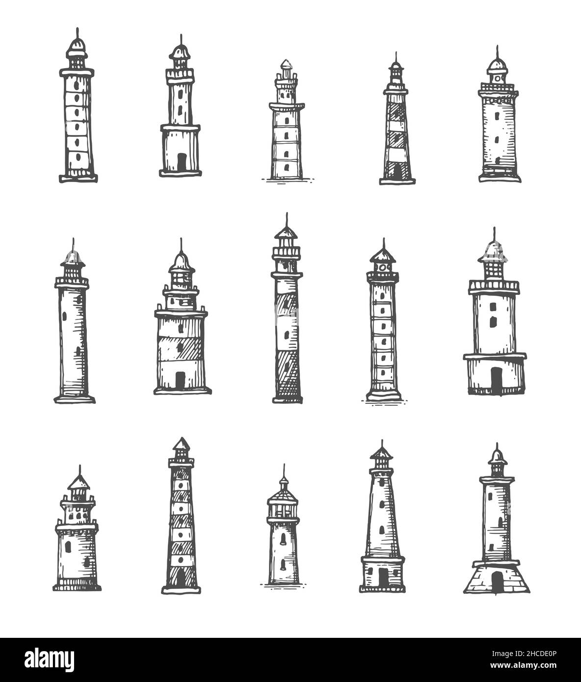 Carte ancienne d'époque, croquis de phare et de balise.Bâtiments de maisons de lumière monochromes vectoriels dessinés à la main.Voyages nautiques, sécurité maritime et océan, se Illustration de Vecteur