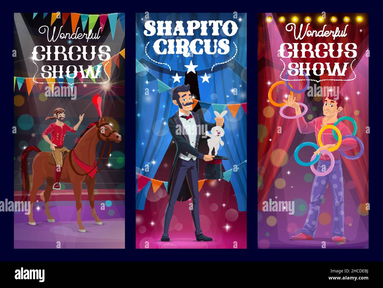 Banderoles vectorielles pour artistes de cirque Shapito, acrobat et jongleurs.Les grands artistes illusionnistes se produisent avec un lapin en chapeau, équitation de cavalier Illustration de Vecteur