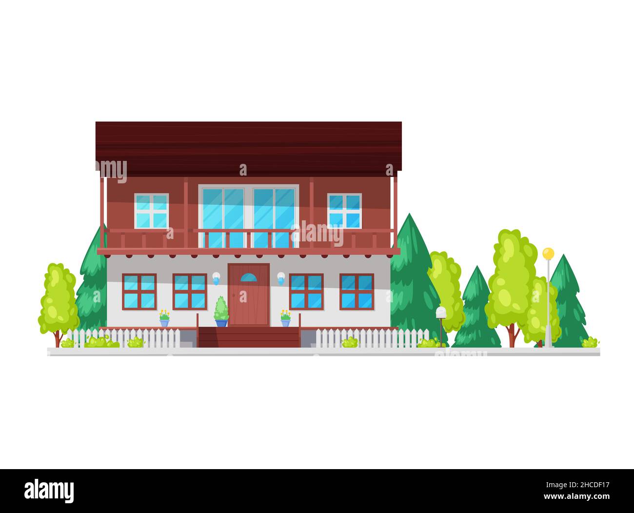 Maison construite sur mesure avec cour avant joliment décorée et paysagée, quartier résidentiel vectoriel.Suburban immobilier et bâtiment façade extérieure o Illustration de Vecteur
