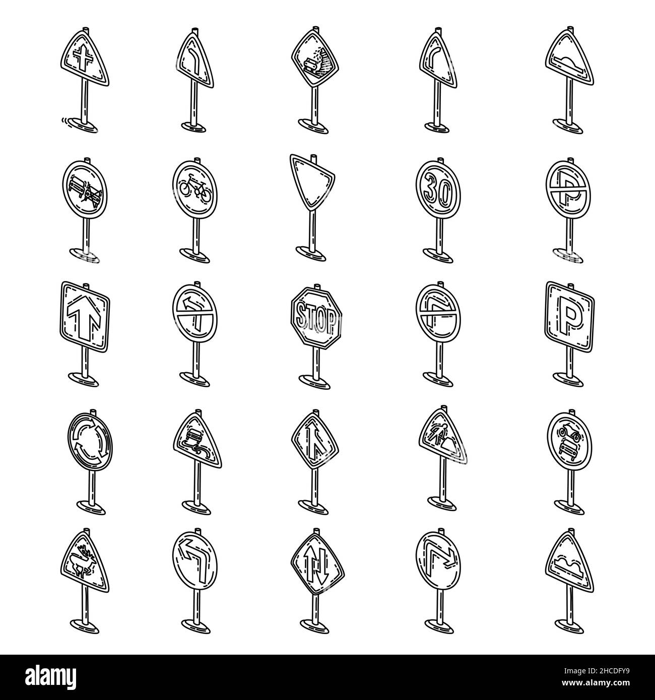 Panneaux de signalisation sur la route icône dessinée à la main Set Vector. Illustration de Vecteur