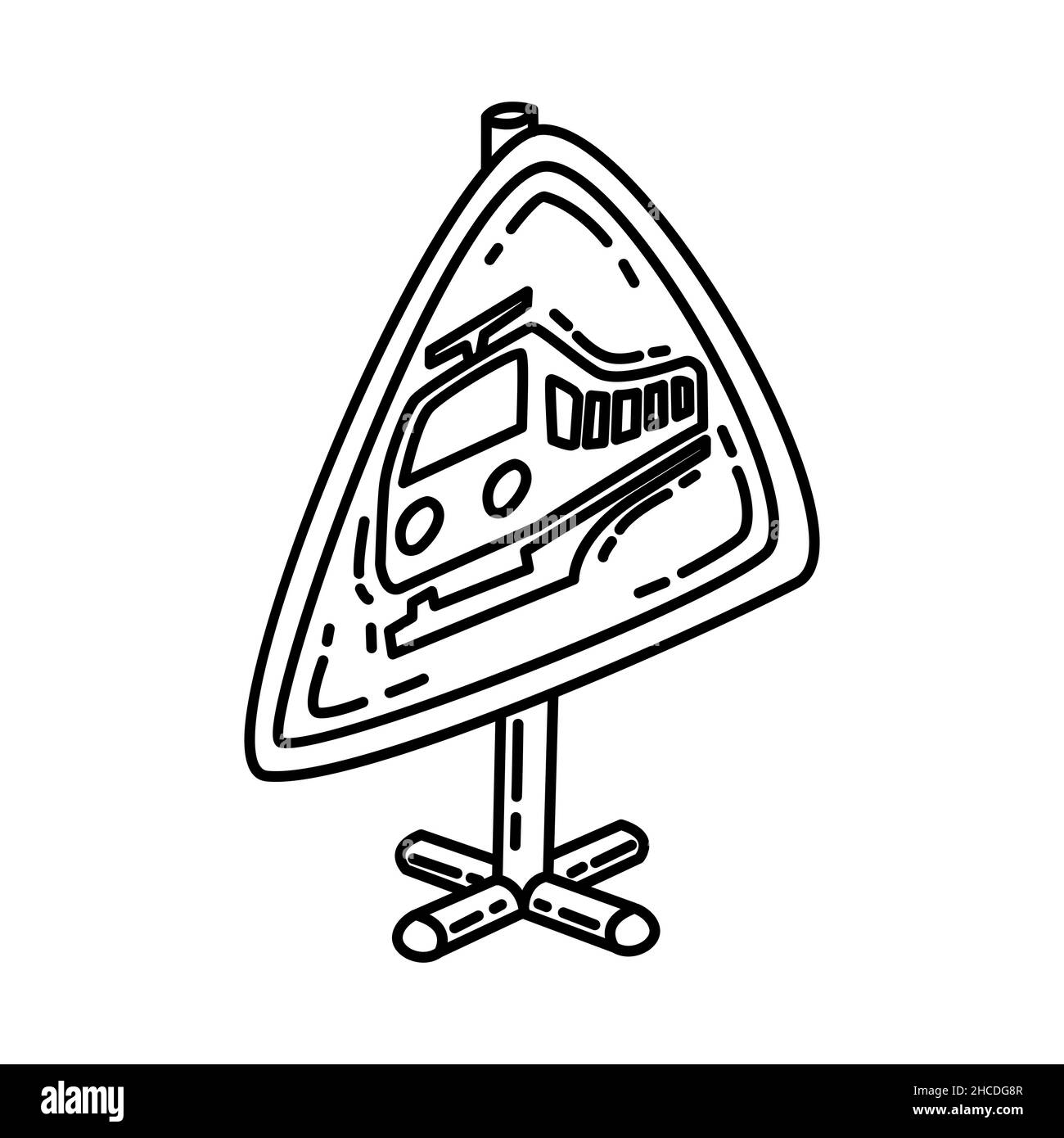 Passage de chemin de fer en avant partie de signalisation routière d'avertissement tracé à la main icône définir le vecteur. Illustration de Vecteur