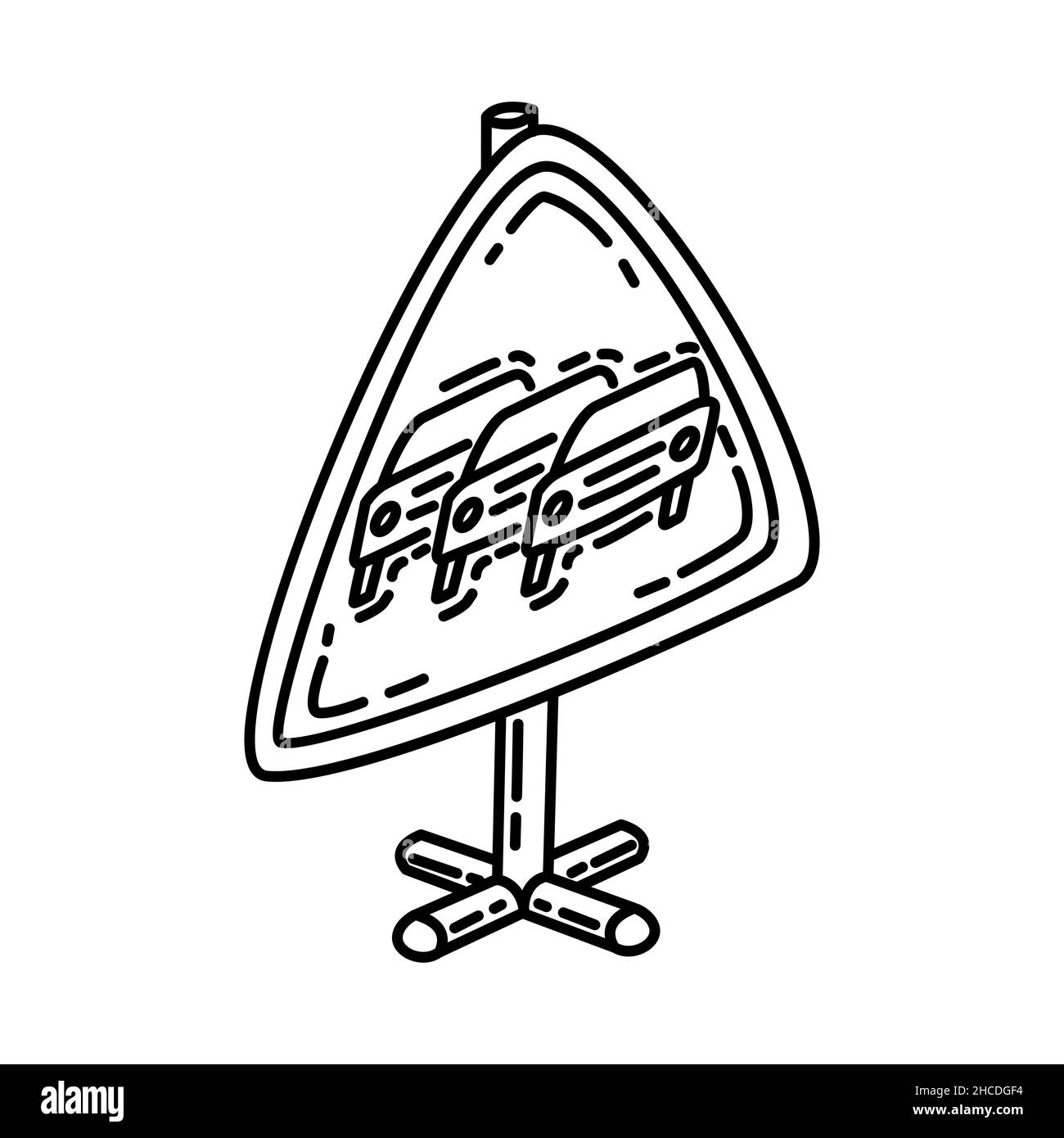 La colonne de véhicules fait partie des panneaux de signalisation routière d'avertissement dessiné à la main icône définir le vecteur. Illustration de Vecteur
