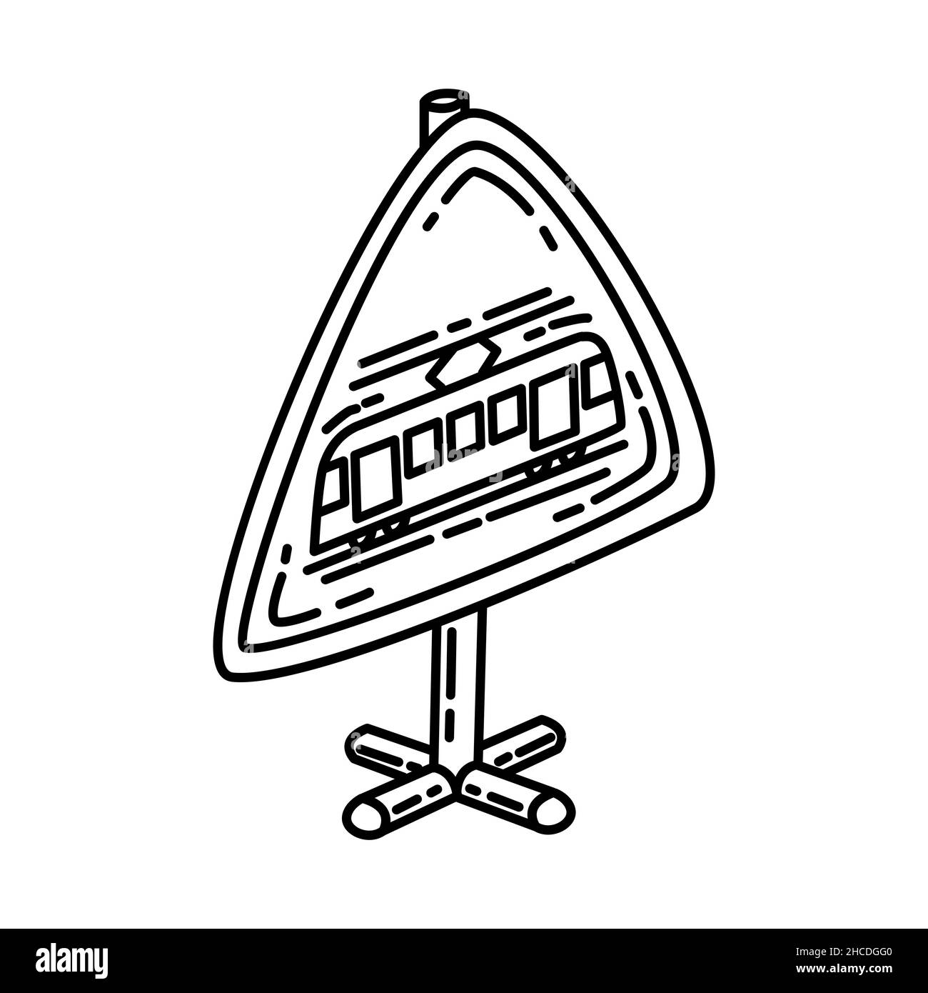 Tram partie des panneaux de signalisation routière d'avertissement icône dessinée à la main définir le vecteur. Illustration de Vecteur
