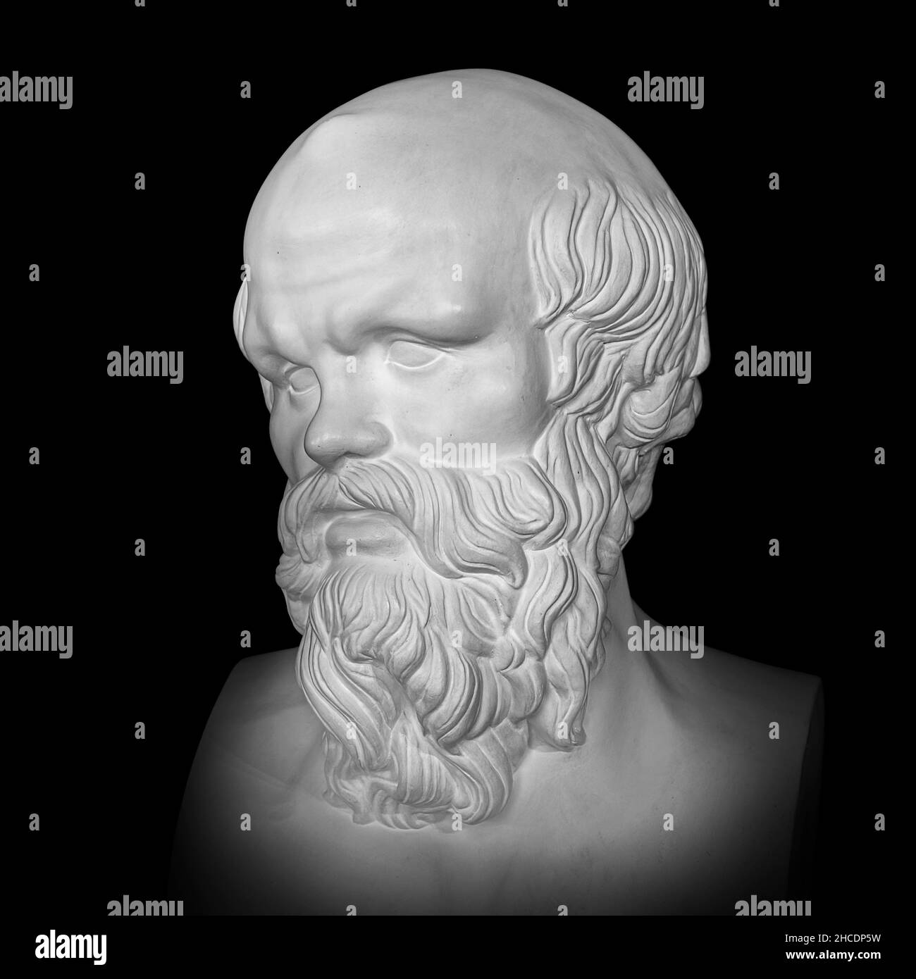 Socrates.Ancienne tête de statue en marbre du philosophe grec.Buste d'homme avec barbe isolée sur fond noir Banque D'Images