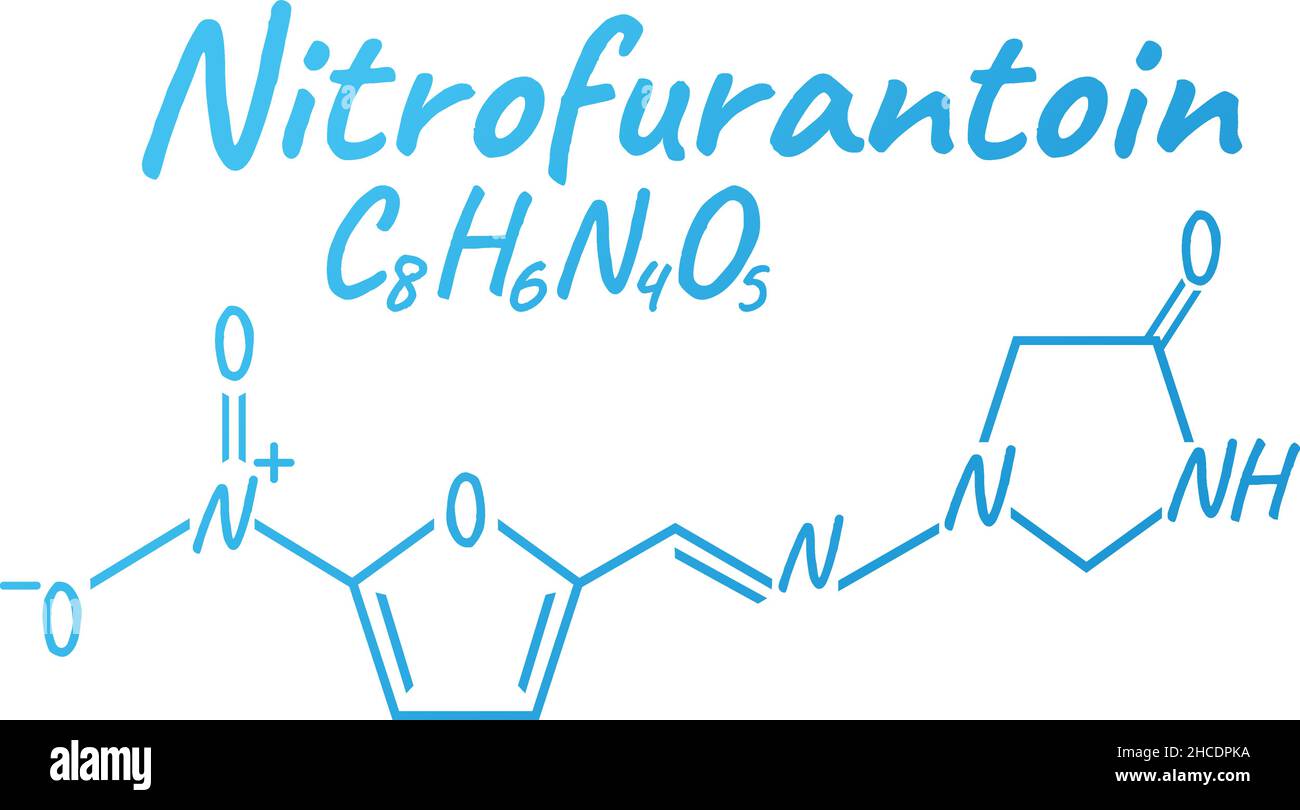 Nitrofurantoin antibiotique composition et formule chimique, concept médicament médical structural, isolé sur fond blanc, illustration vectorielle.Antiba Illustration de Vecteur