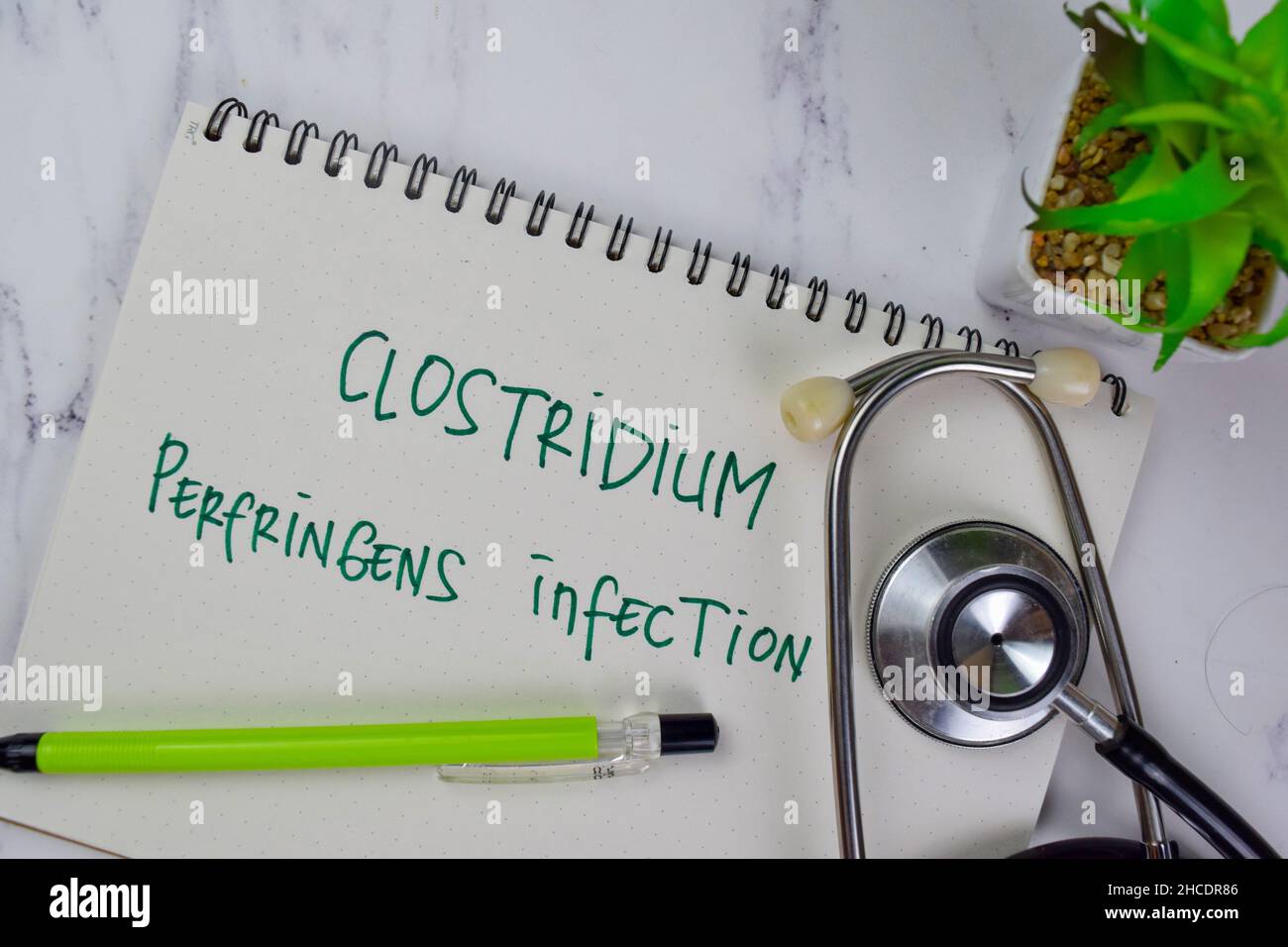 Infection de Clostridium perfringens écrire sur un livre isolé sur une table en bois. Banque D'Images