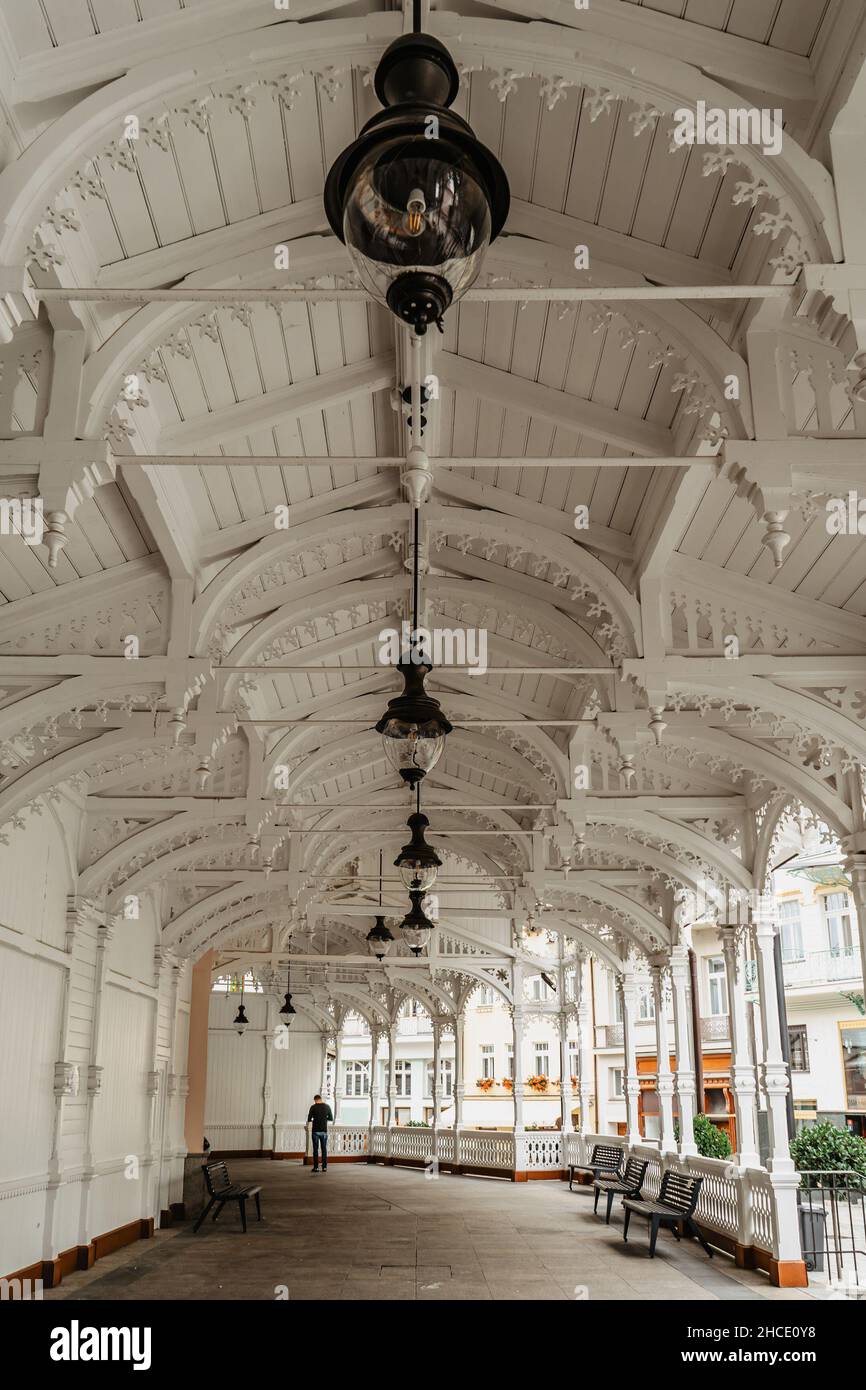 Marché en bois sculpté Colonnade, Trzni kolonada, avec trois sources minérales dans le centre historique de Karlovy Vary, République tchèque. Arcade Banque D'Images