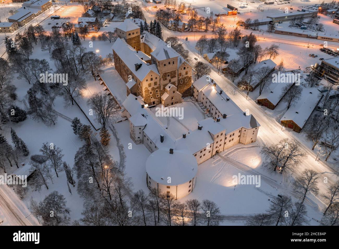Vue aérienne du château de Turku en hiver à Turku, Finlande. Banque D'Images