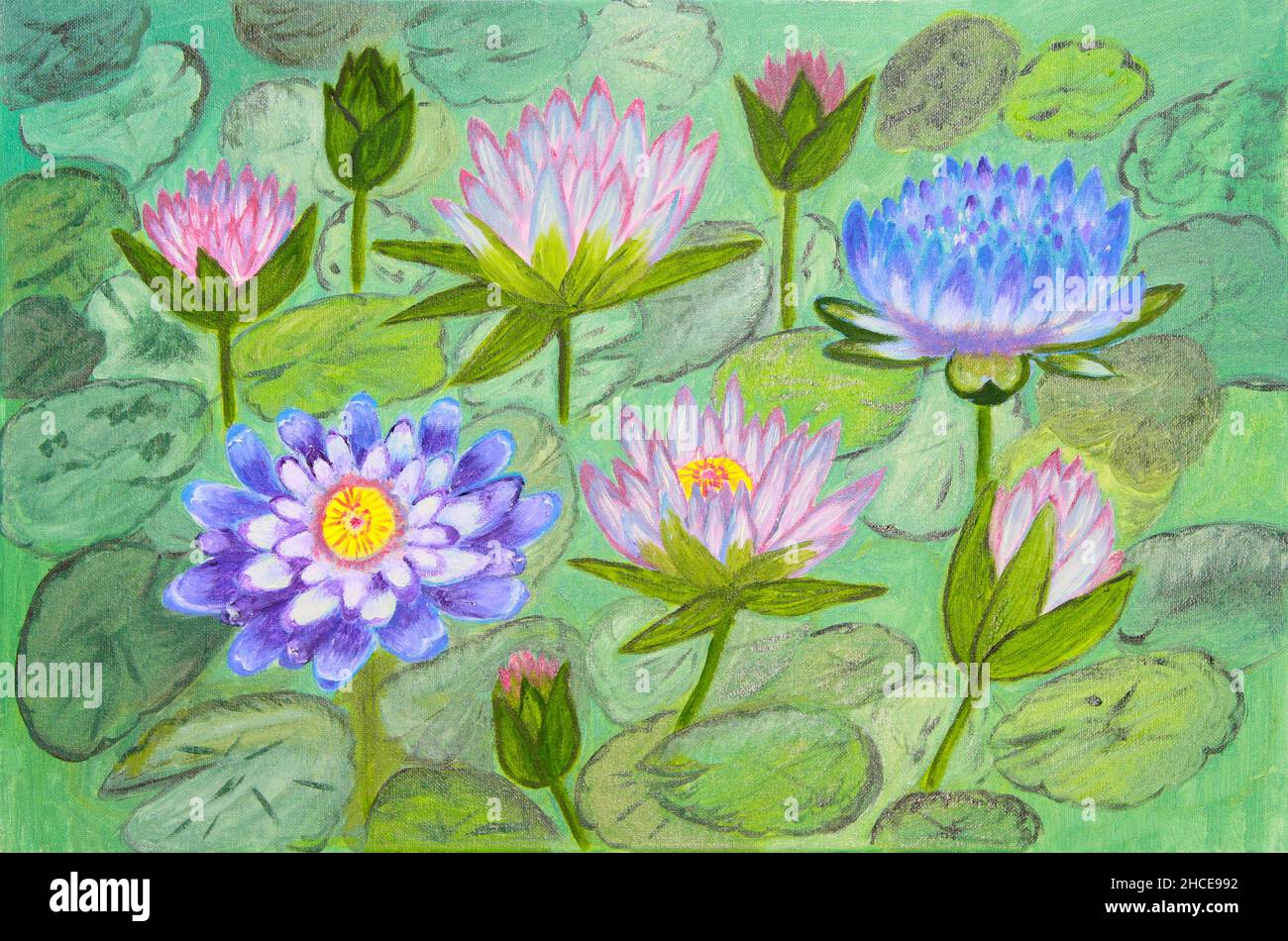 Peinture à l'huile sur toile de nénuphars colorés de couleur pastel flottant sur les lilas sur l'étang Banque D'Images
