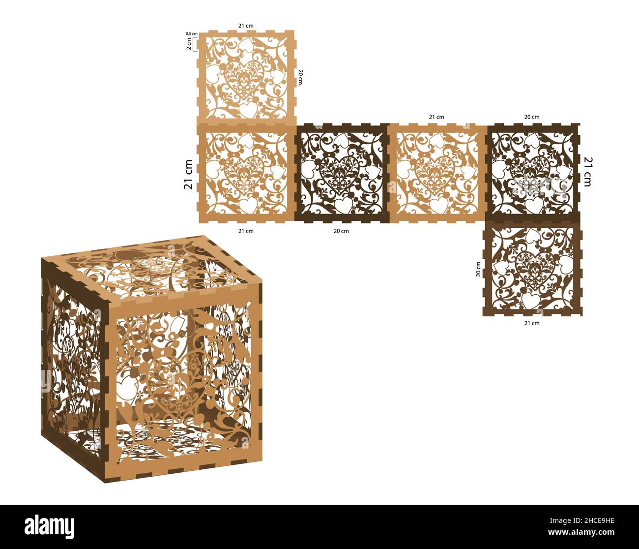 Boîte cœur détaillée.Éléments décoratifs ethniques.Gabarit de découpe au laser de la boîte.Fichiers laser vectoriels de modèle numérique de boîte à bijoux.Fichiers vectoriels de motif laser Illustration de Vecteur