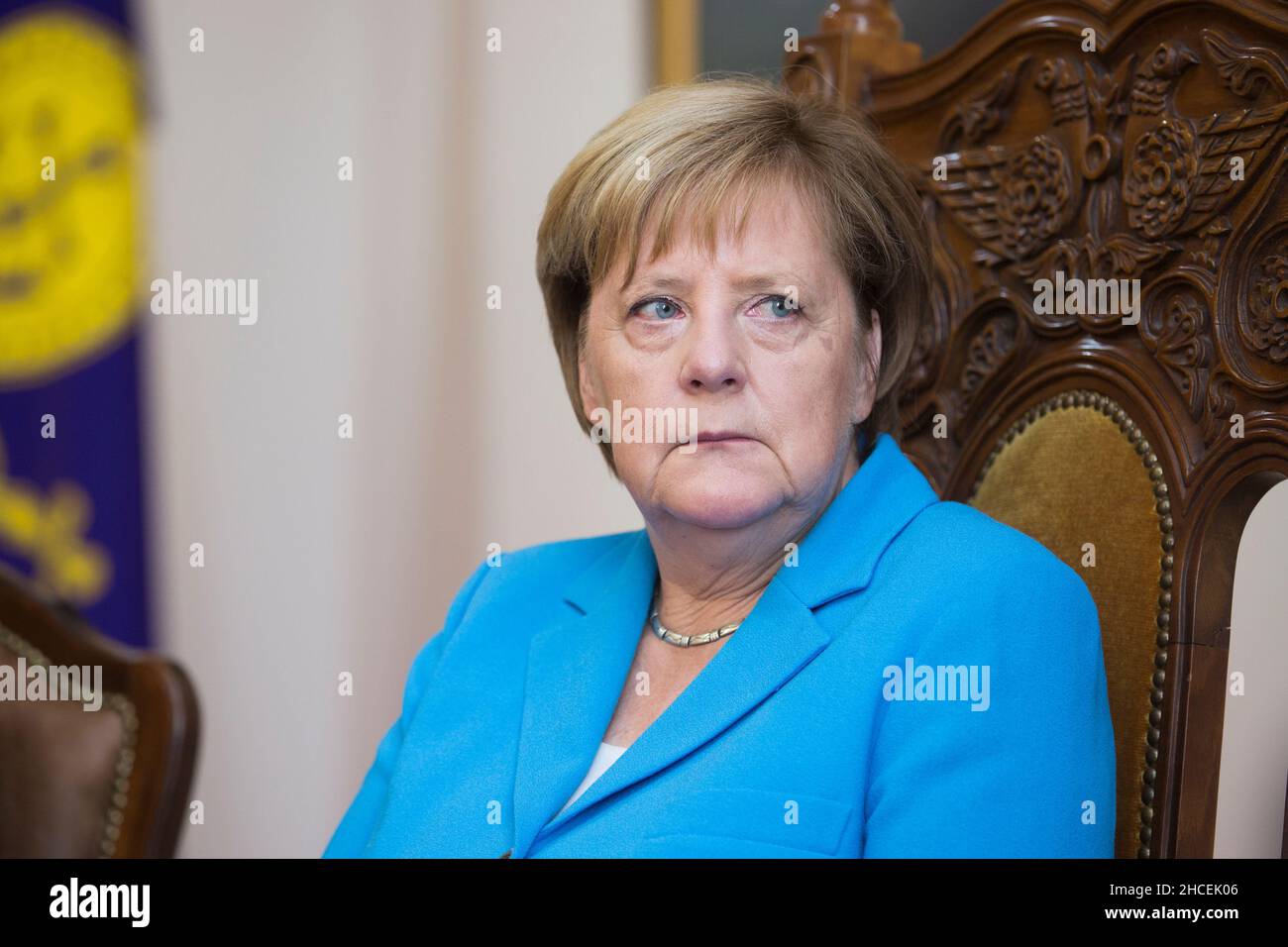 Gros plan de la chancelière allemande Angela Merkel lors d'une rencontre avec le Catholicos i. Banque D'Images