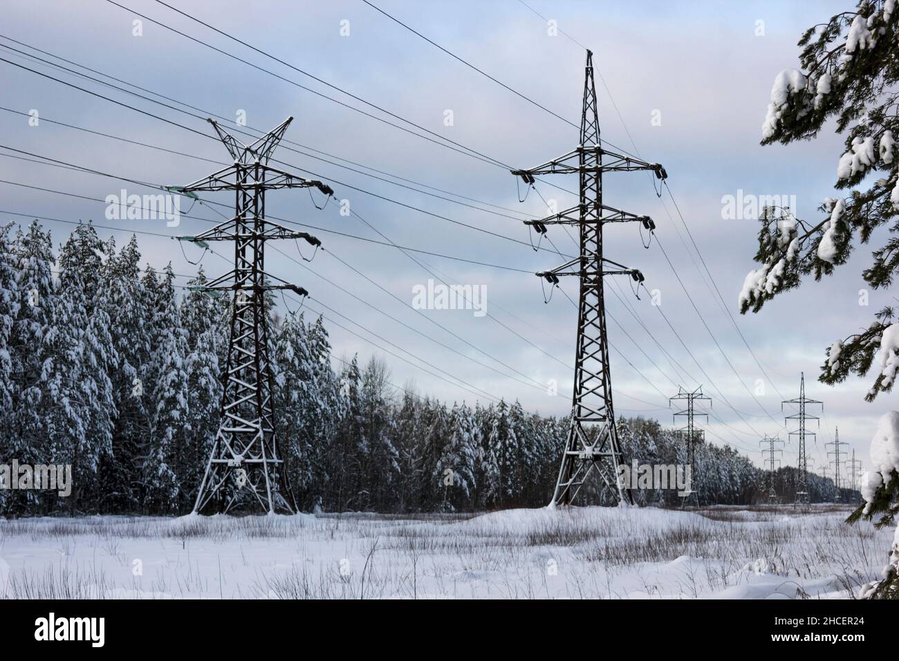 Lignes haute tension le jour de décembre.Hiver glacial Banque D'Images