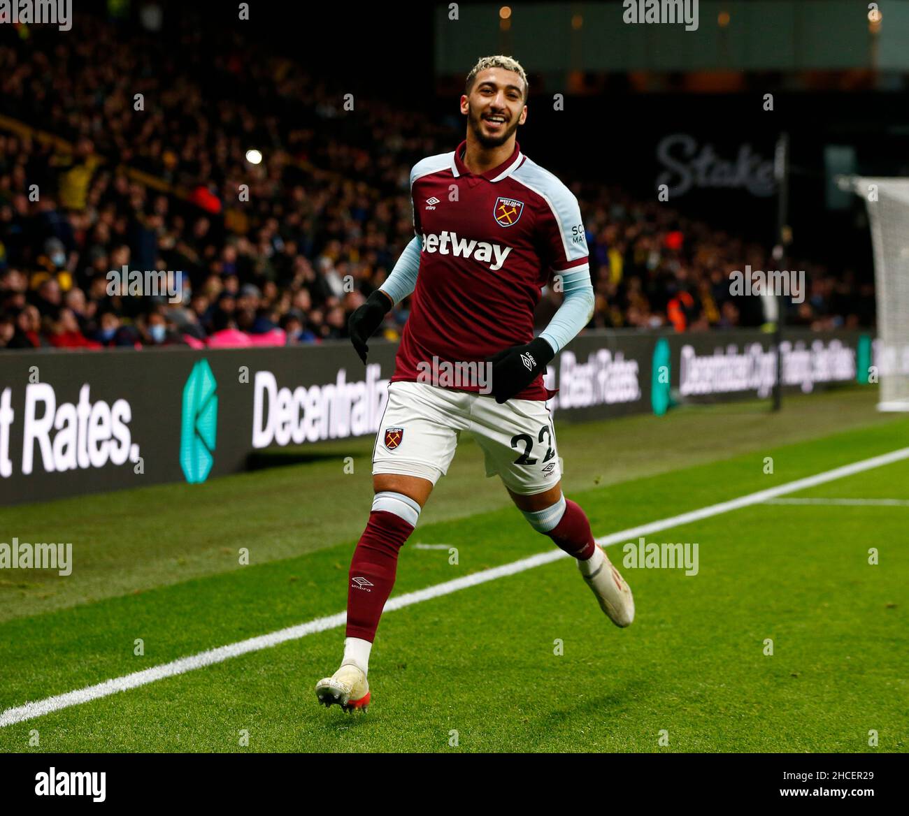 Watford, Royaume-Uni.28th décembre 2021.WATFORD, ANGLETERRE - DÉCEMBRE 28:sa?d Benrahma de West Ham United a celibates son but lors du match de Premier League entre Watford et West Ham United au stade Vicarage Road à Watford le 28th décembre 2021 crédit: Action Foto Sport/Alay Live News Banque D'Images