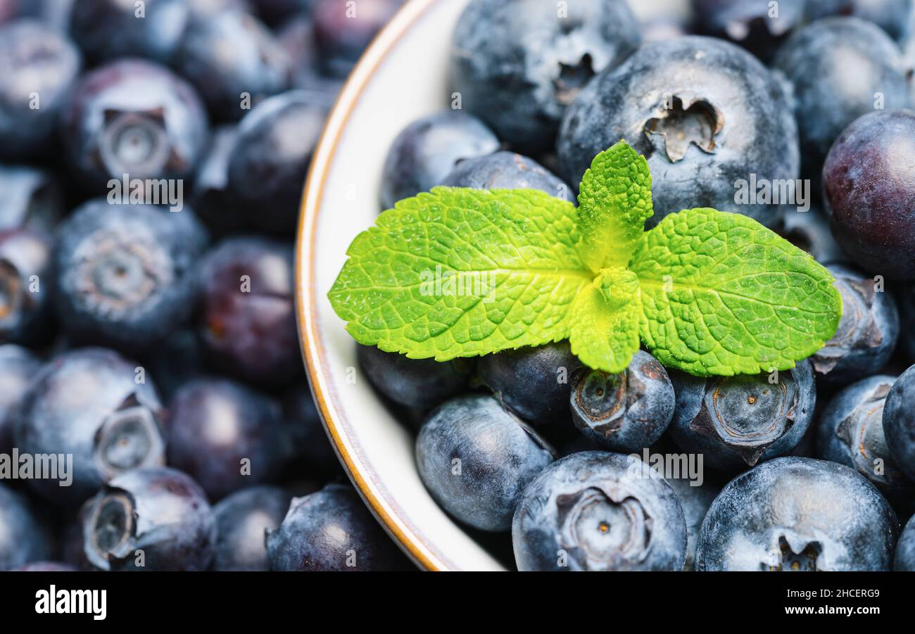 Bleuets frais dans un bol avec fond de feuille de menthe ou toile de fond.Concept végétalien et végétarien.Texture macro des myrtilles.Été en bonne santé Banque D'Images