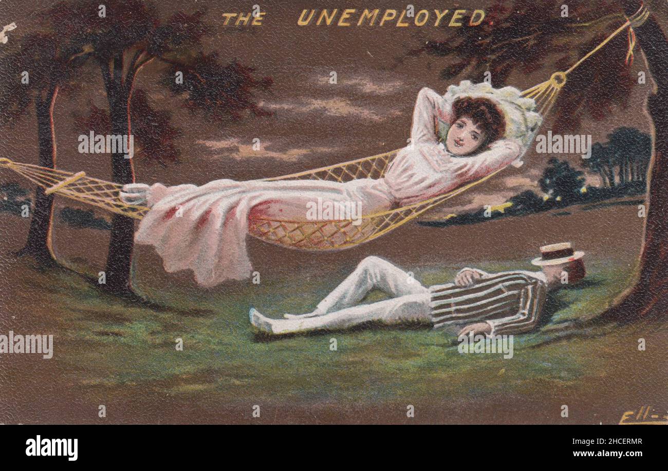 « les chômeurs » : image de deux personnes bien habillées et bien habillées pour se détendre à l'extérieur : une femme est dans un hamac et un homme est allongé sur l'herbe avec un cratère de paille sur son visage.La caricature a été dessinée par l'artiste William Henry Ellam (1858–1935) Banque D'Images