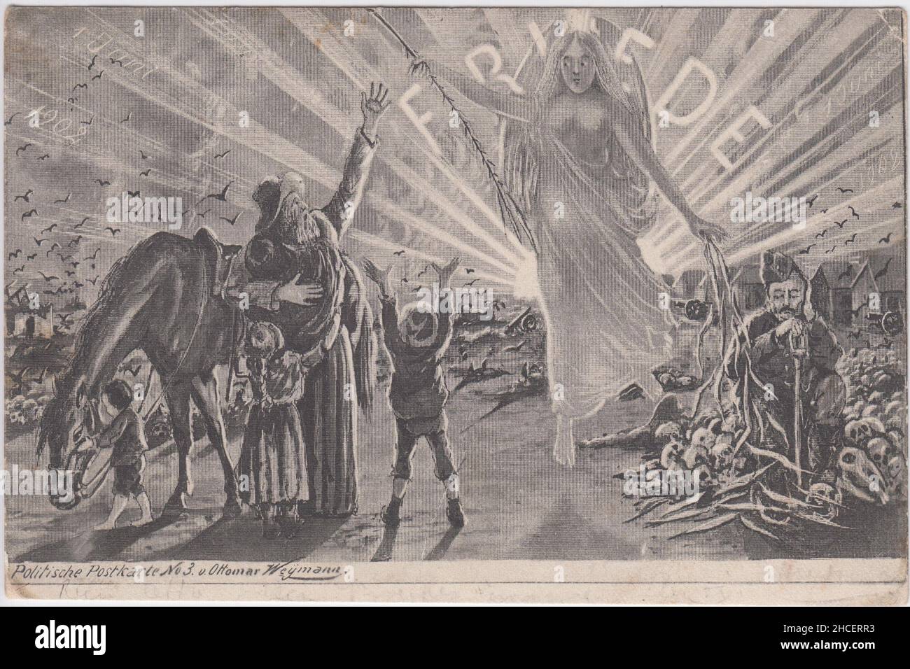 'Friede' / paix : carte postale allemande marquant la fin de la guerre des Boers.L'image montre un ange de la paix salué par une famille Boer debout à côté de son cheval.Un soldat britannique s'agenouille entouré d'os, et le paysage en arrière-plan a été blagé par la guerre et a des corneilles survolant des villages détruits.De la série Politische Postkarte (n°3) Ottomar Weymann Banque D'Images