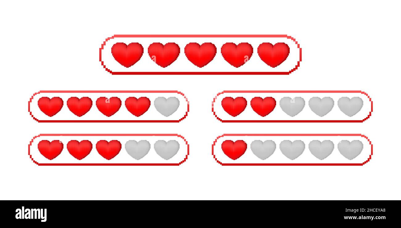 Barre de vie du jeu de pixels.Ensemble de vecteurs vintage.Arrière-plan vectoriel.Jeu d'icônes en forme de cœur.Arrière-plan numérique. Illustration de Vecteur