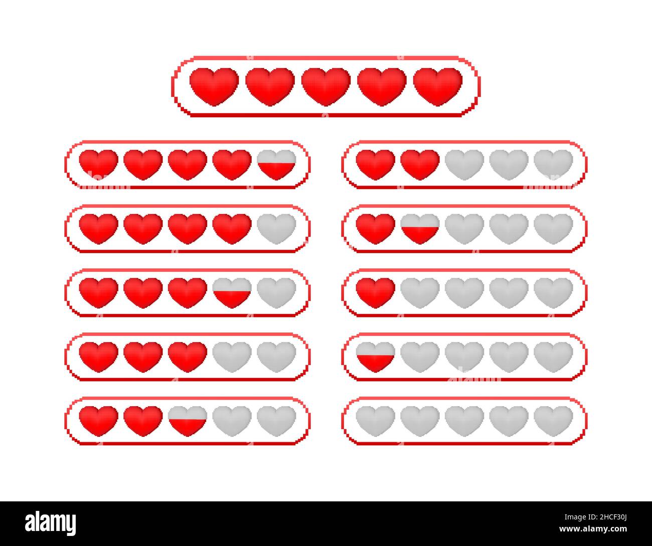Barre de vie du jeu de pixels.Ensemble de vecteurs vintage.Arrière-plan vectoriel.Jeu d'icônes en forme de cœur.Arrière-plan numérique. Illustration de Vecteur
