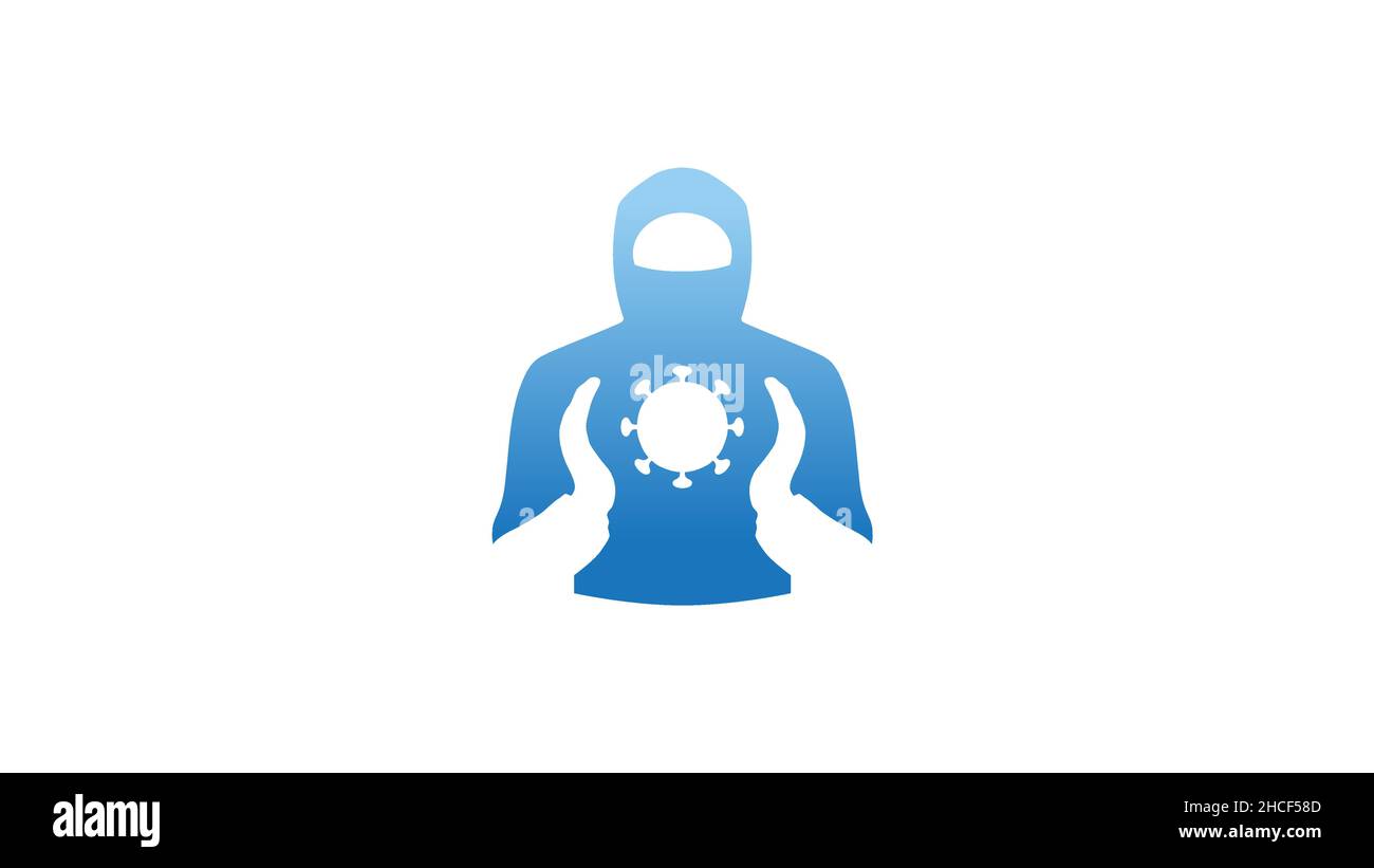 Personne créative avec masque uniforme médical hygiénique tenant un symbole de vecteur du logo du coronavirus covid-19 Illustration de Vecteur