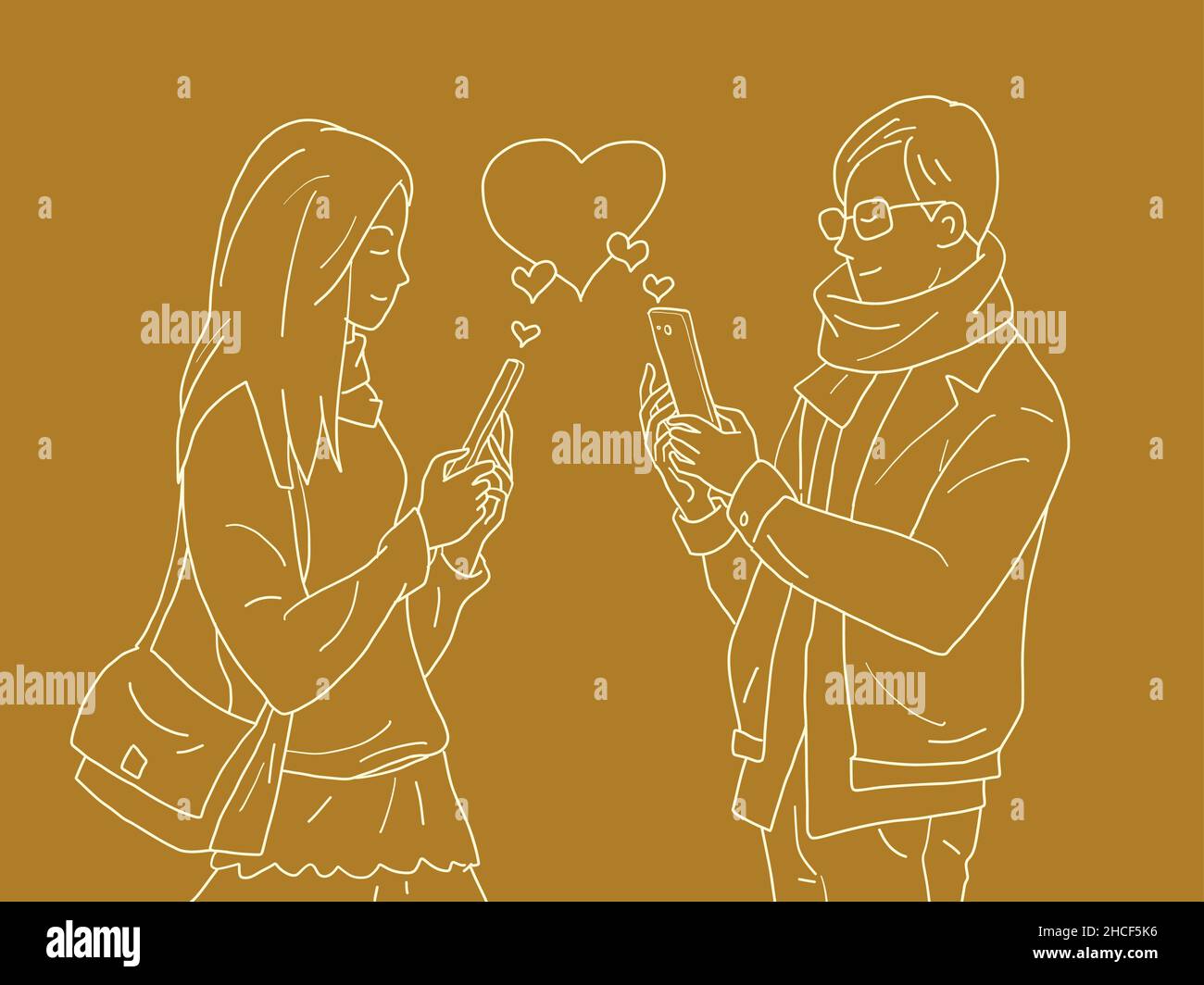 amour valentine coeur rouge un couple d'un homme et une femme avec des téléphones, dépendance sur les réseaux sociaux en ligne Illustration de Vecteur