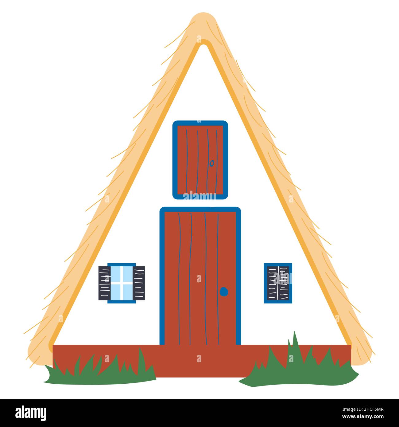 Palheiro.Maison traditionnelle portugaise.Maison triangulaire blanche dans le village de Santana à l'est de l'île de Madère.C'est une petite structure en pierre avec un Illustration de Vecteur