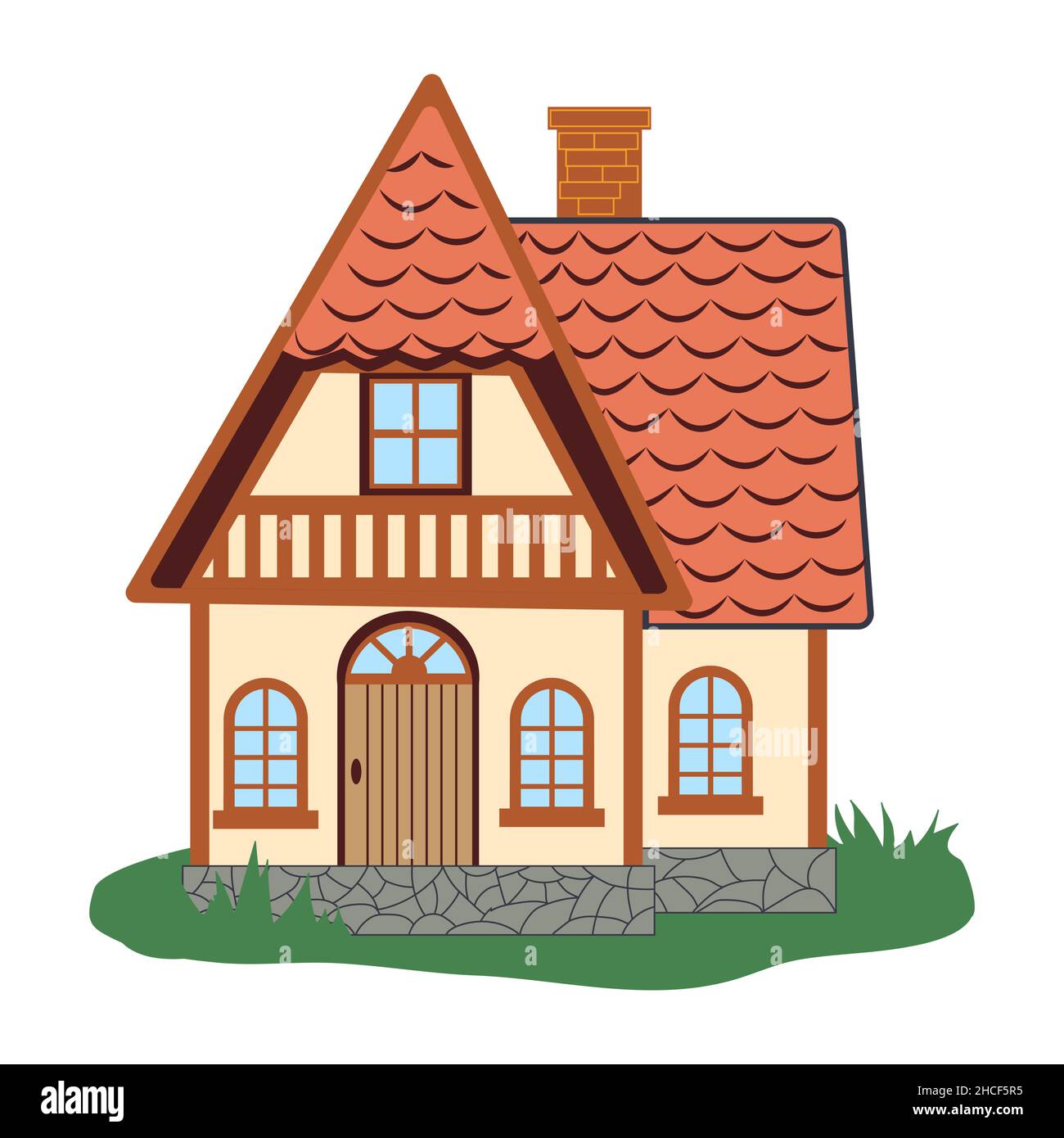 Grande maison familiale dans le style Tudor.Illustration plate détaillée d'un ancien bâtiment traditionnel en pierre. Illustration de Vecteur