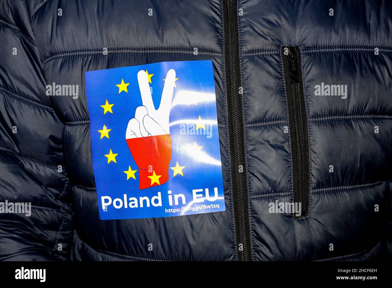 Un autocollant avec une main aux couleurs nationales polonaises, un drapeau de l'UE et une inscription « Pologne in eu » est visible sur la veste d'un manifestant.Le Parlement polonais r Banque D'Images