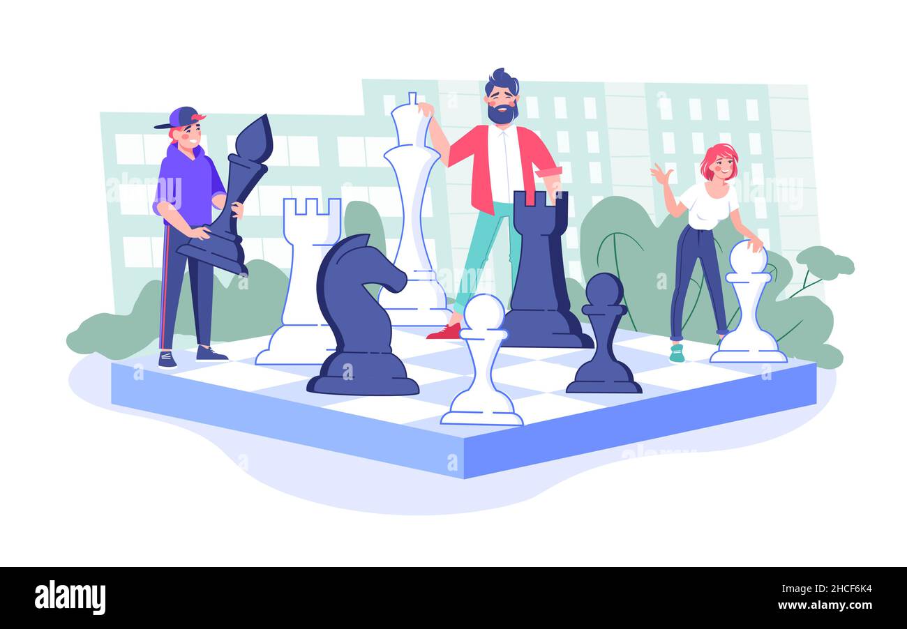Équipe diversifiée jouant des échecs géants ensemble vecteur Illustration de Vecteur