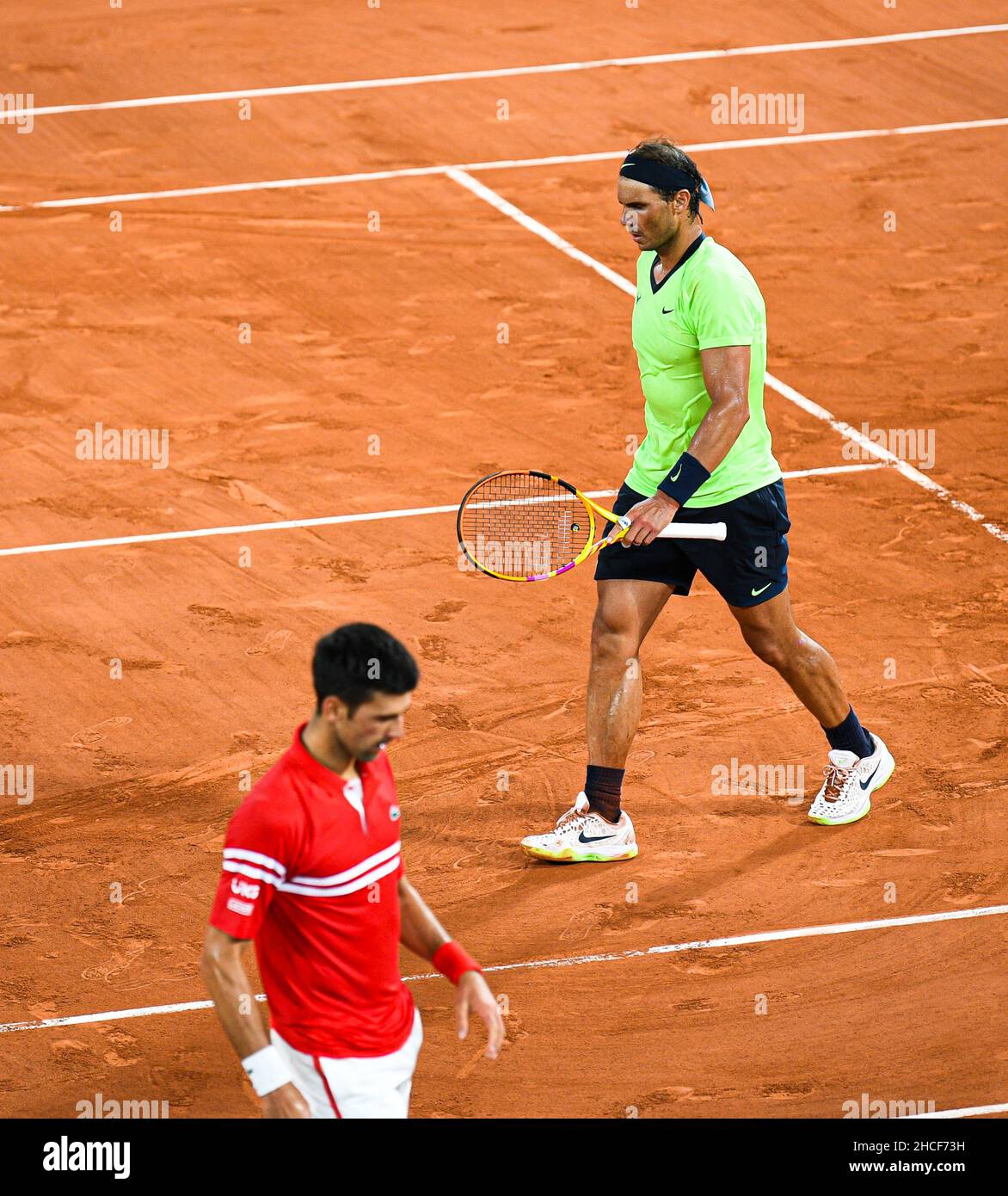 Novak Djokovic et Rafael Nadal lors de la demi-finale du tournoi de tennis  Roland-Garros 2021, Grand Chelem, le 11 juin 2021 Photo Stock - Alamy
