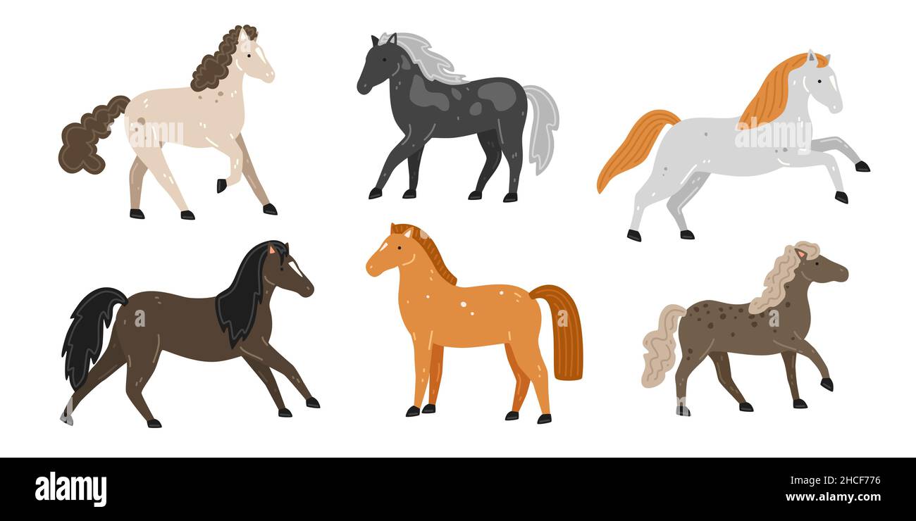 Ensemble de chevaux mignons de style dessin animé.Illustration vectorielle plate Illustration de Vecteur