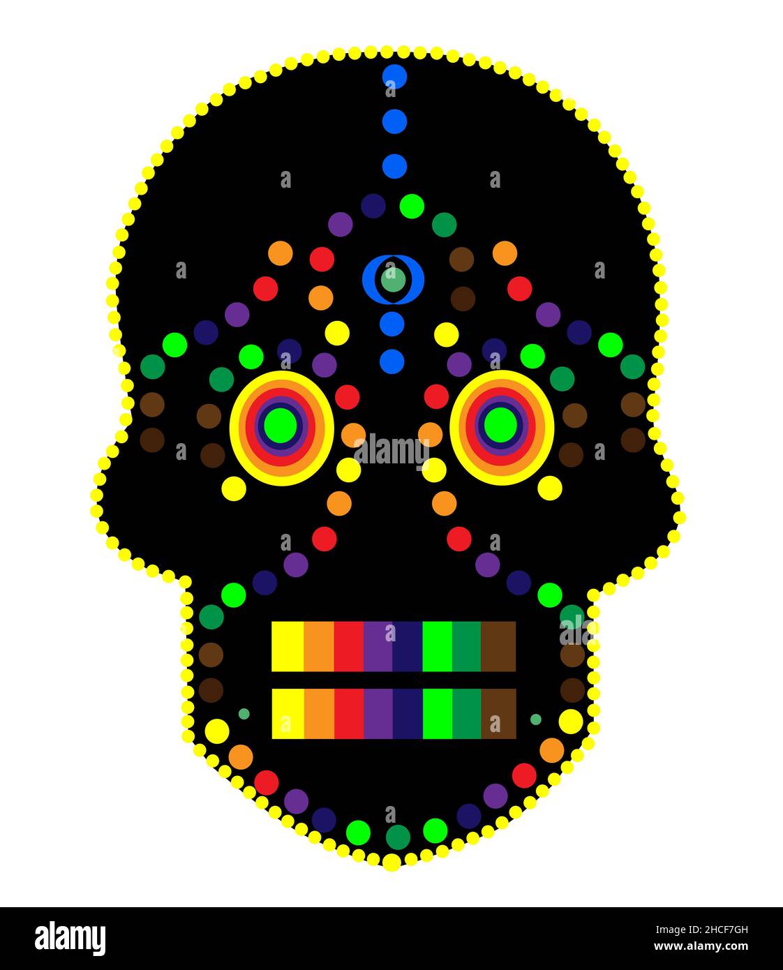 Crâne de sucre, icône mexicaine de squelette de bonbons avec des points colorés, illustration vectorielle Banque D'Images