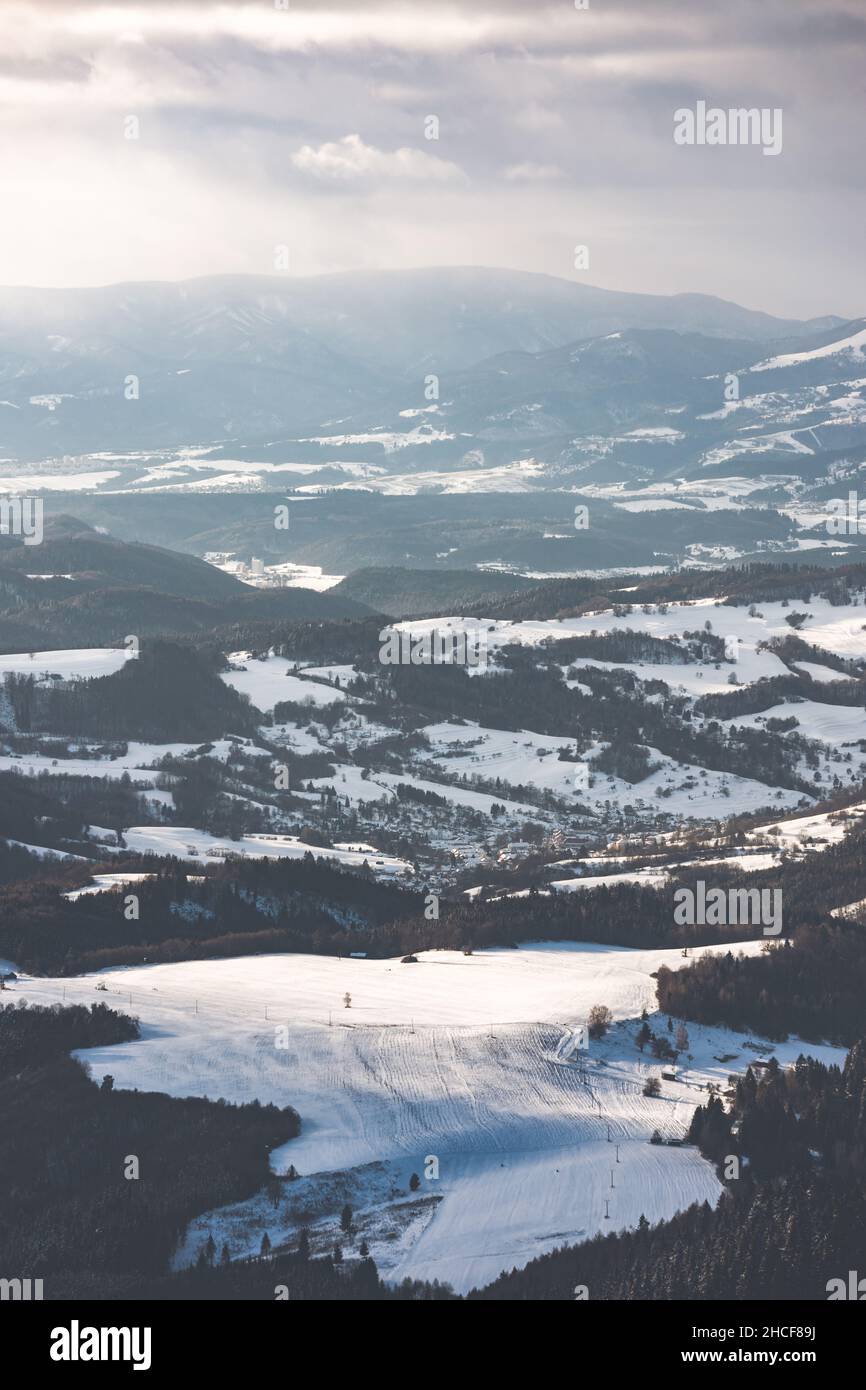 Vue panoramique aérienne d'une station de ski et forêt de pins enneigés en Slovaquie Banque D'Images