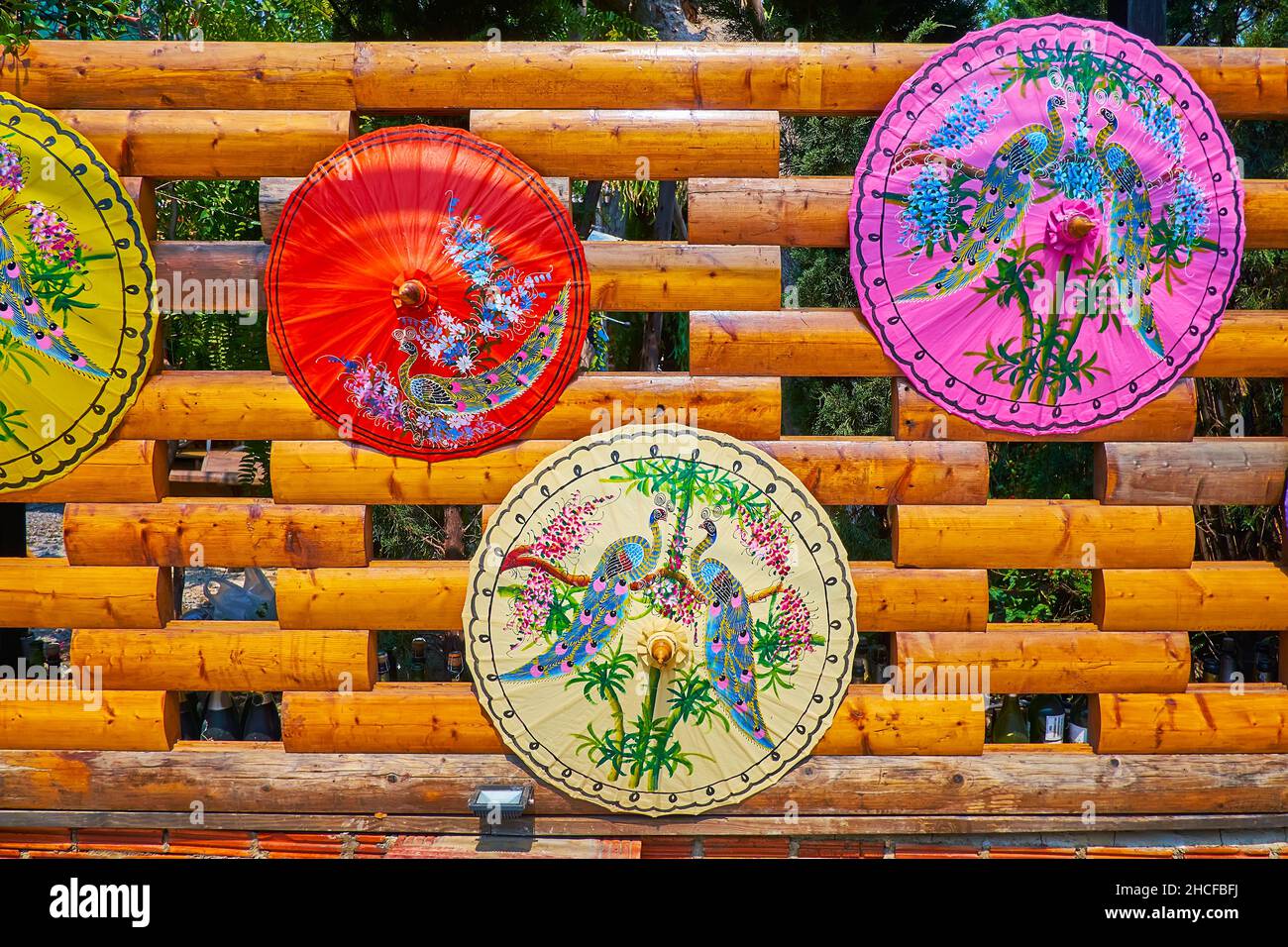 Les tourbières colorées sur les arbres en fleurs décorent les parapluies en papier, accrochés sur la clôture en bois, Gate Market, Chiang Mai, Thaïlande Banque D'Images