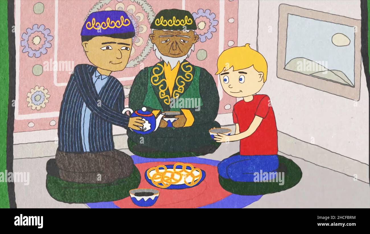 Animation de dessins animés avec des gens de différentes nationalités et religions boire du thé, concept de tolérance.Hommes abstraits et un garçon de différentes races stit Banque D'Images