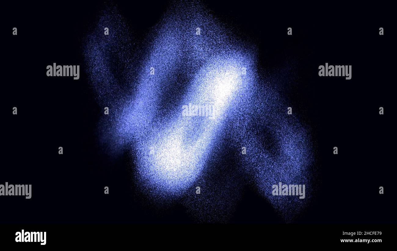 L'hologramme de l'appareil photo à l'ancienne tourne sur fond noir.Image filaire bleue de la caméra apparaissant à partir de la poussière, de petites particules et de la rotation Banque D'Images